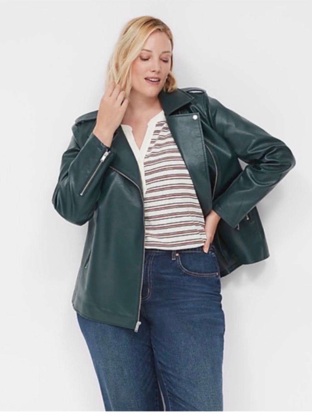 Lane Bryant Faux Leather Moto Green Jacket